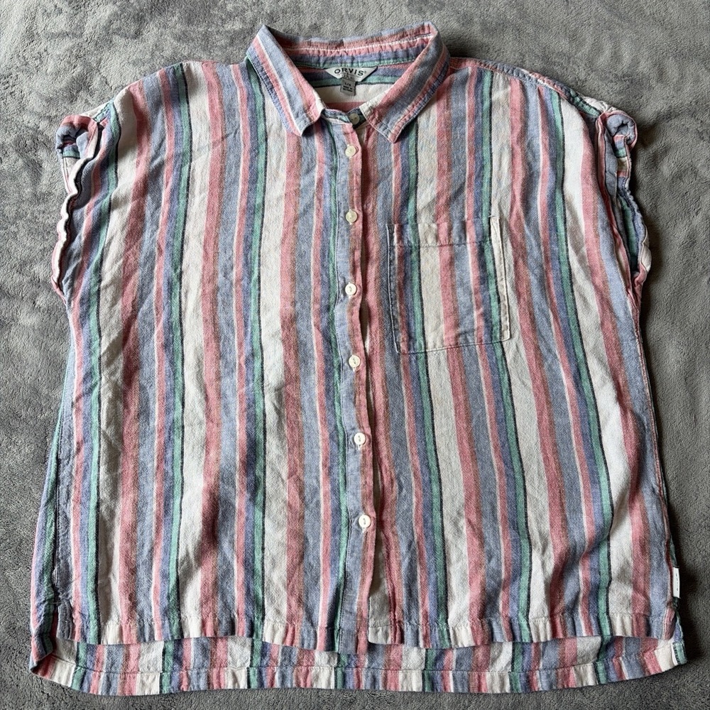Orvis Women's Striped Linen Blend Sleeveless Button-Up Shirt Large